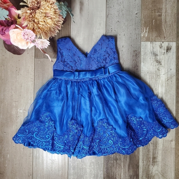Beautiful Baby Girl Sapphire Blue V-Neck Lace Tulle Party Dress Size 12m - Picture 1 of 12